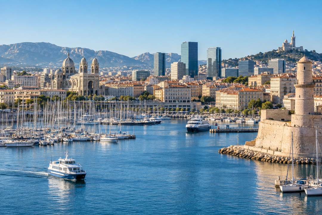 Vieux-Port de Marseille au matin clair, tours et bateaux