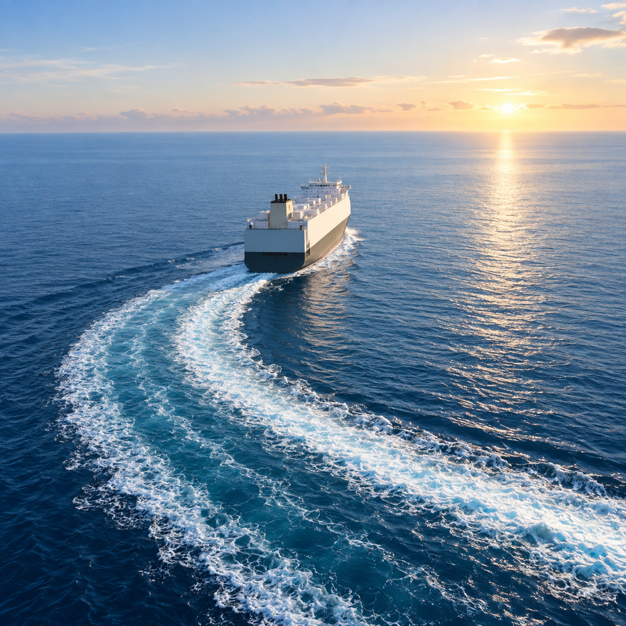 Navire changeant de cap en mer ouverte, sillage courbe